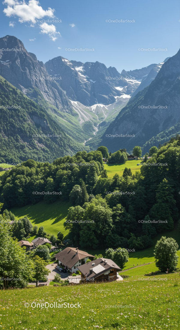 Scenic Mountain Valley with Forested Hills and Charming Houses