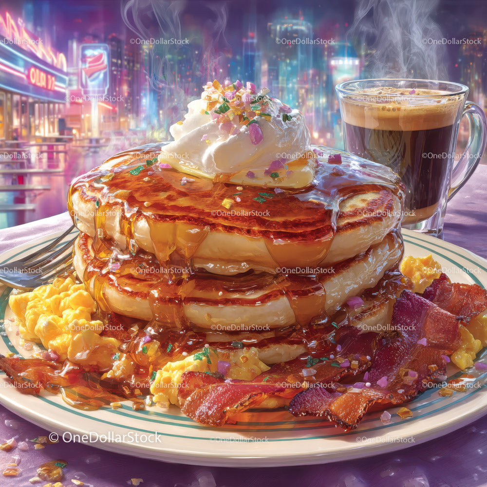 Colorful Pancake Stack with Bacon and Coffee Over Cityscape Night