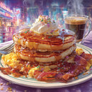 Colorful Pancake Stack with Bacon and Coffee Over Cityscape Night
