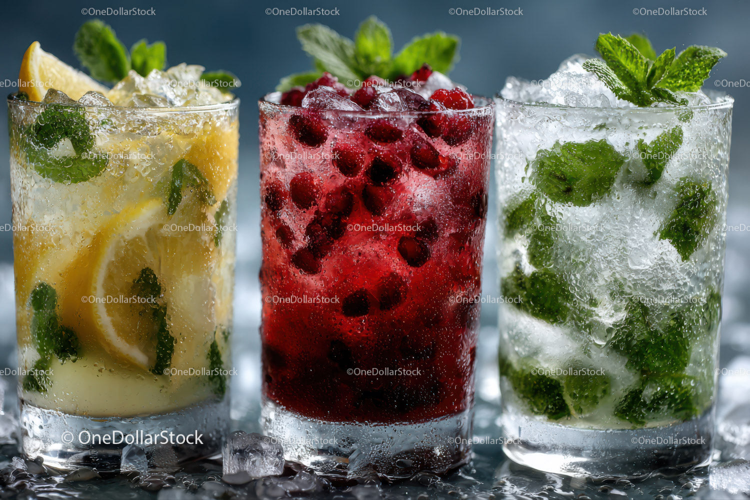 Colorful Fruit Infused Refreshing Drinks with Ice and Mint
