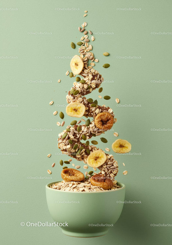 Healthy breakfast bowl with oats and dried fruits spiral