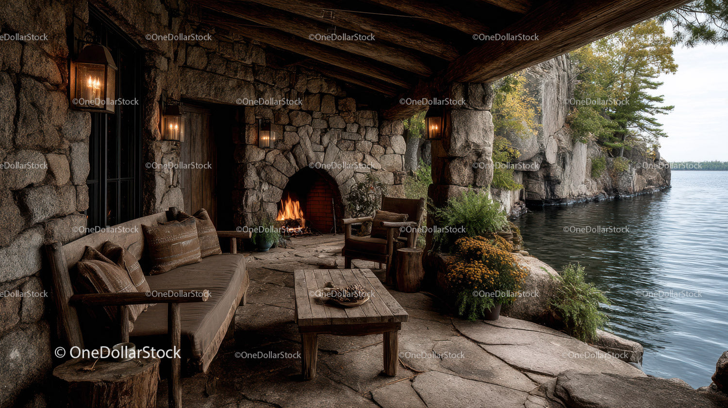Rustic Lakeside Patio with Stone Fireplace and Scenic Water View