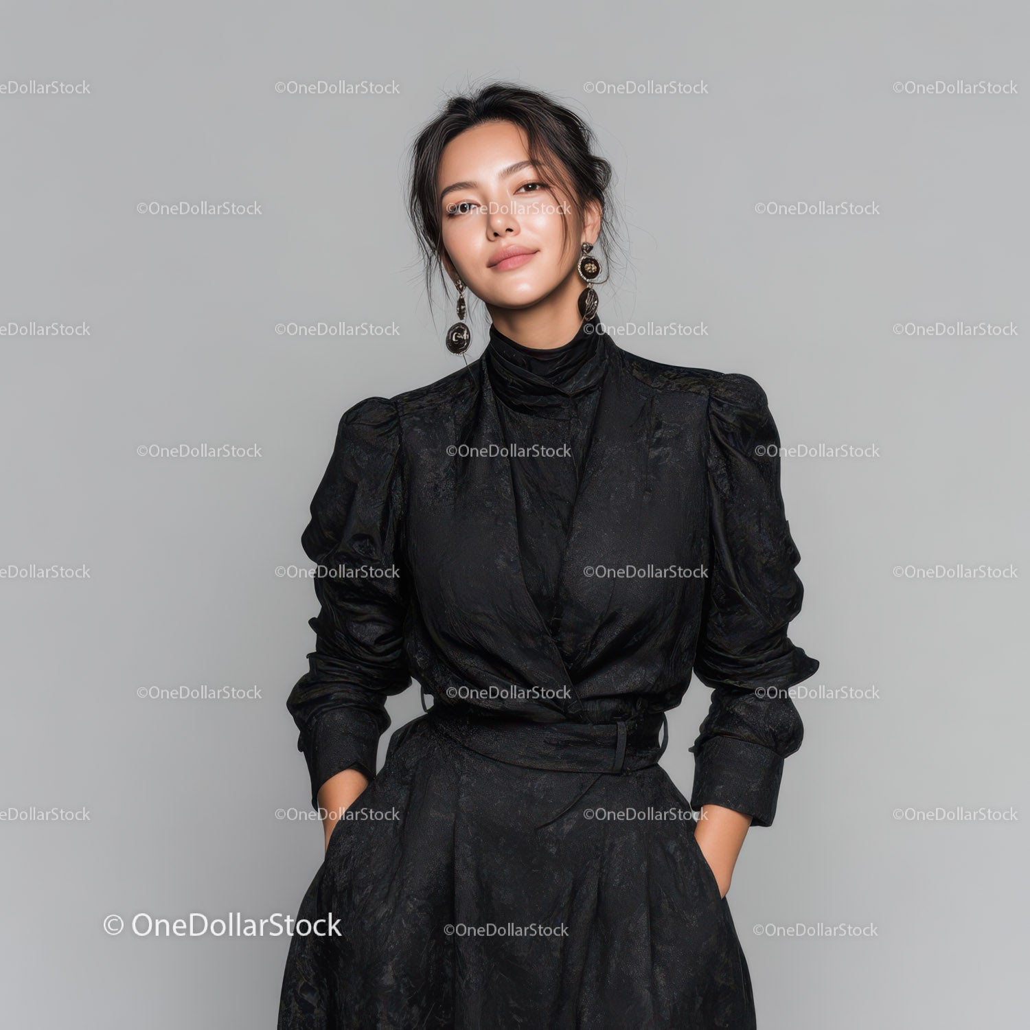 Elegant Woman in Black Lace Dress with Stylish Accessories