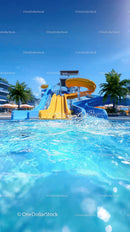 Colorful Water Slide at Outdoor Swimming Pool Under Sunny Sky
