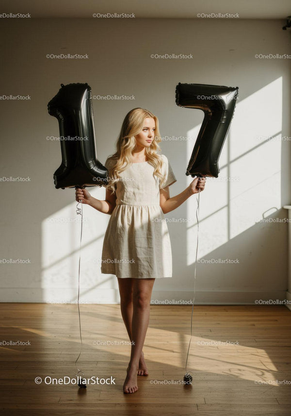 Blonde woman holding black balloon numbers 17 indoors