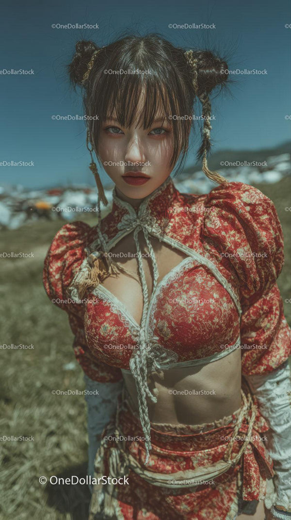 Kobieta w kwiecistym kostiumie cosplay na zewnątrz z odważnym stylem