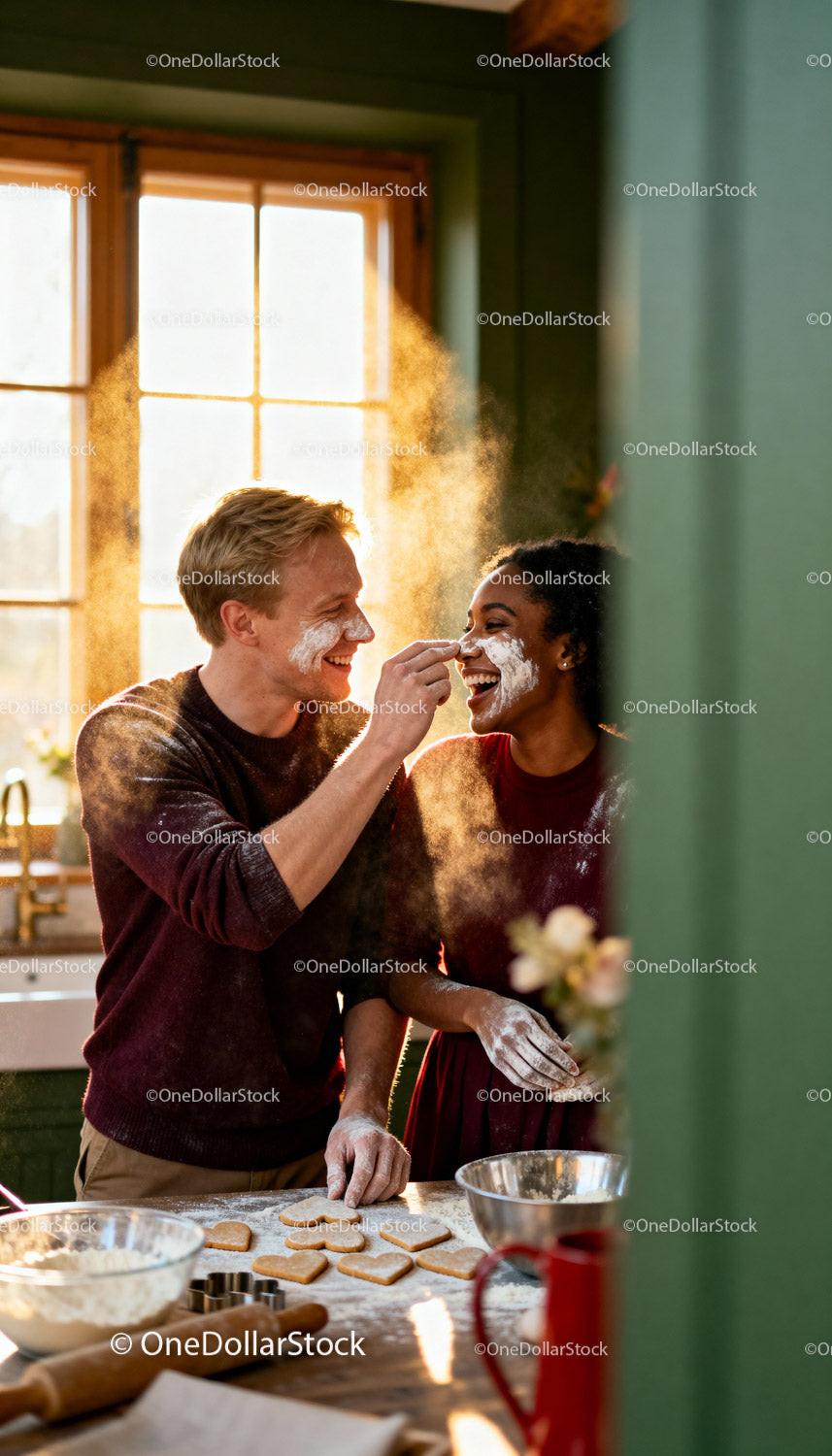 Couple Sharing Laughs While Baking Heart Cookies