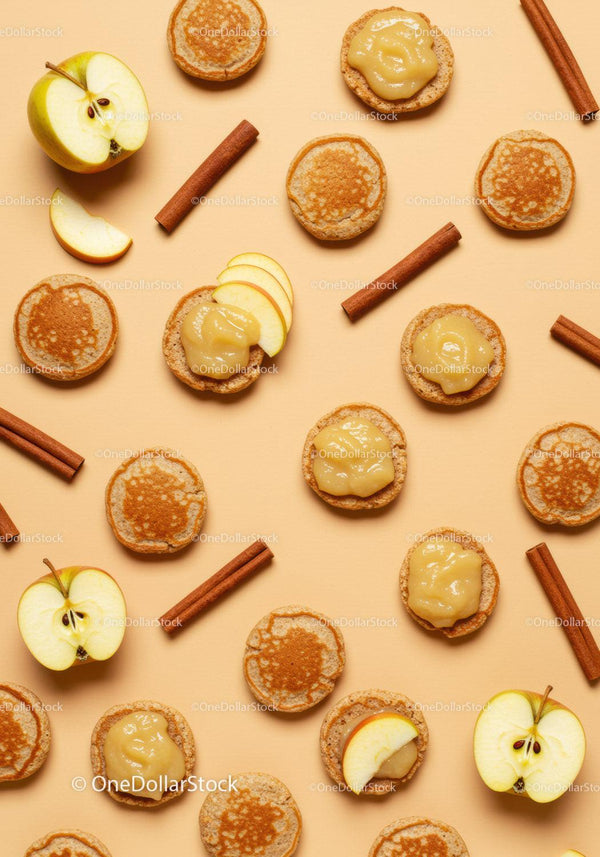 Mini Pancakes with Apple Slices and Cinnamon Sticks
