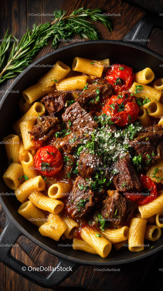 Hearty Pasta with Beef and Cherry Tomatoes in a Rustic Skillet