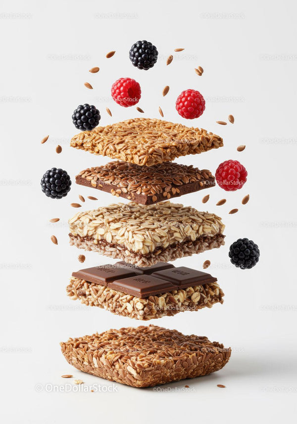 Stacked granola bars with chocolate and fresh berries