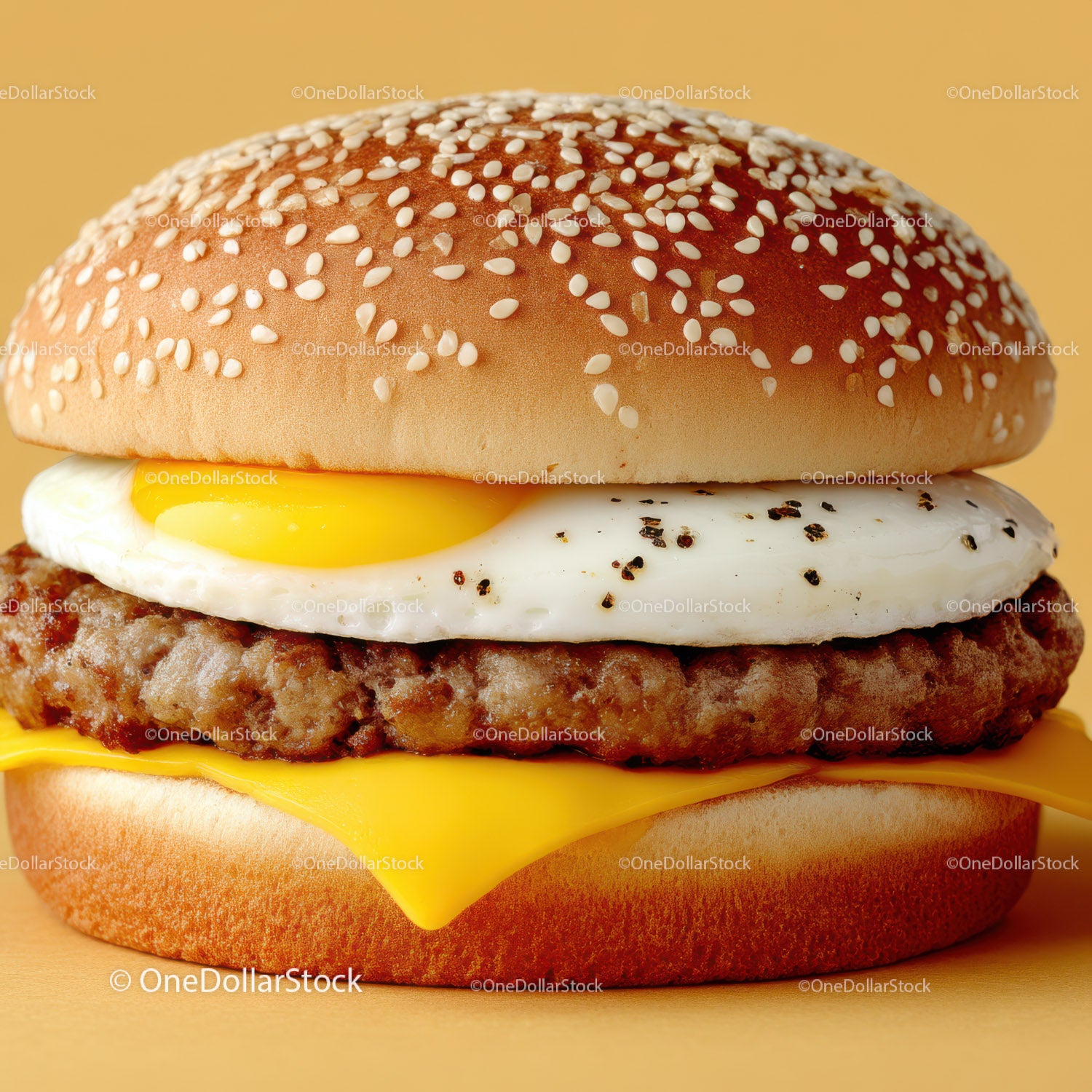 Close-up of Juicy Cheeseburger with Fried Egg and Cheese