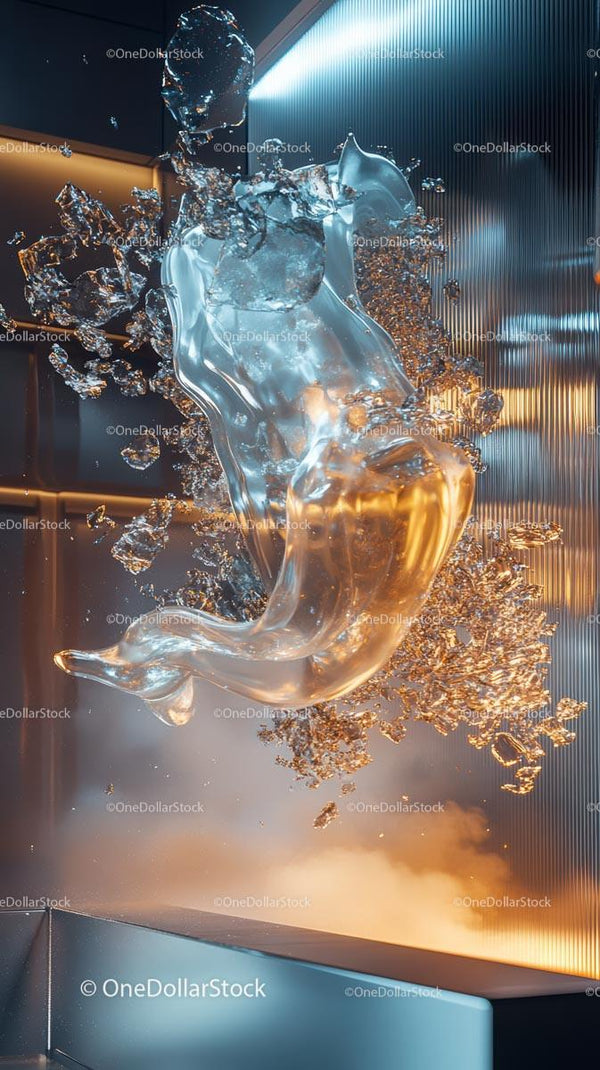 Elegant Glass Sculpture Surrounded by Dynamic Water Splash in Modern Setting
