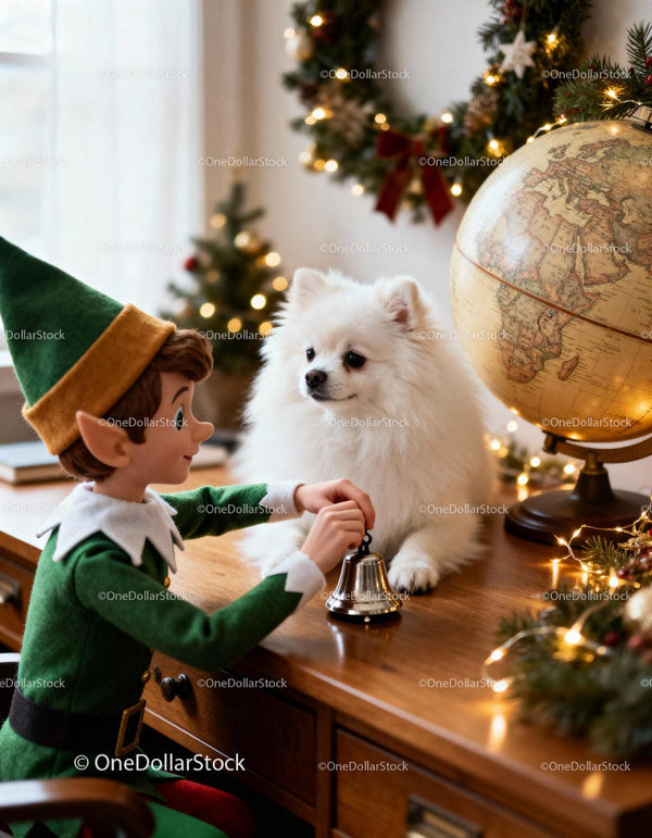 Christmas elf playing with fluffy white dog indoors