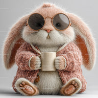 Cute Bunny Wearing Sunglasses and Cozy Pink Sweater Holding Coffee Mug
