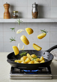 Golden potatoes and herbs sizzling in a cast iron pan