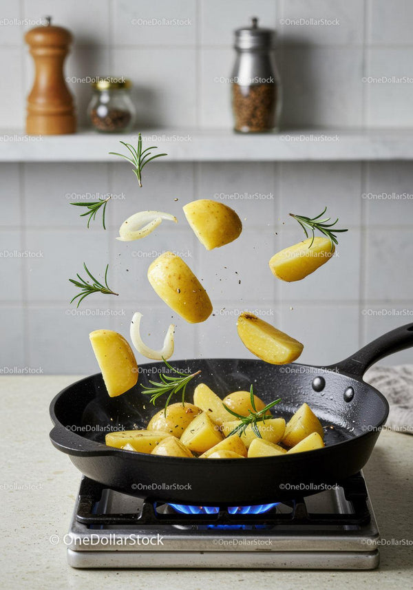 Golden potatoes and herbs sizzling in a cast iron pan