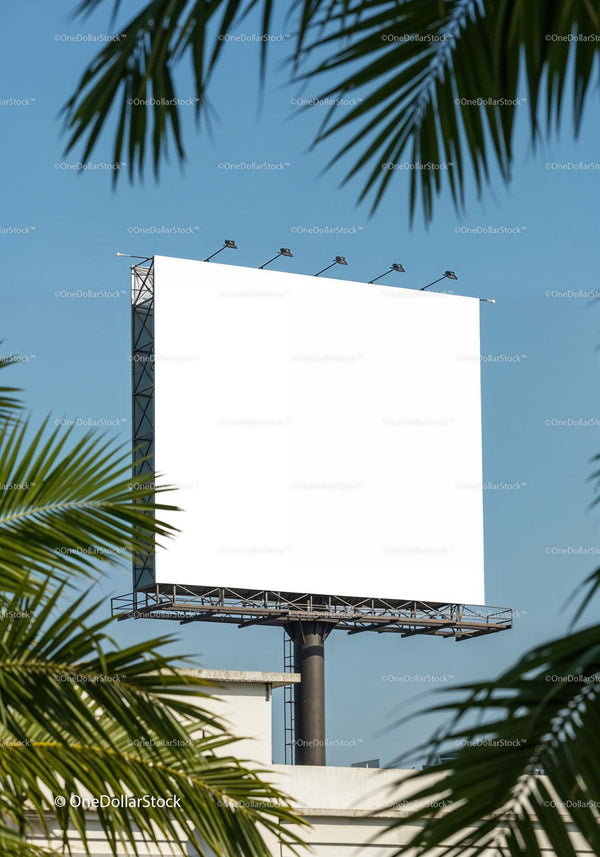 Blank billboard with tropical palm leaves in clear sky JPG Mockup Image