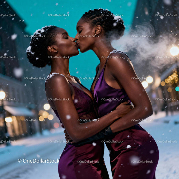 Romantic Winter Kiss Between Two Women in Elegant Dresses