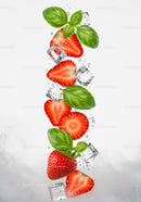 Fresh strawberry slices and basil leaves with ice cubes