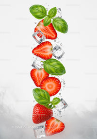 Fresh strawberry slices and basil leaves with ice cubes