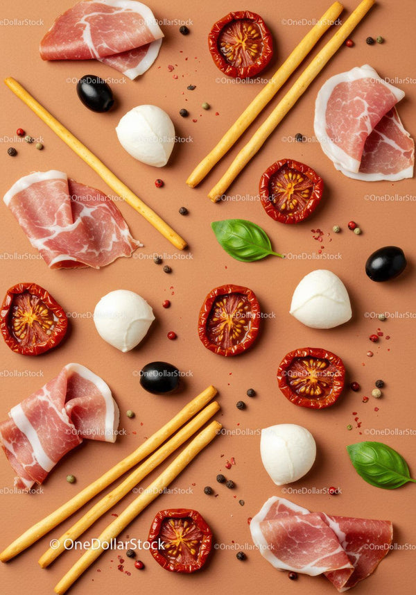 Italian antipasto ingredients with prosciutto and mozzarella