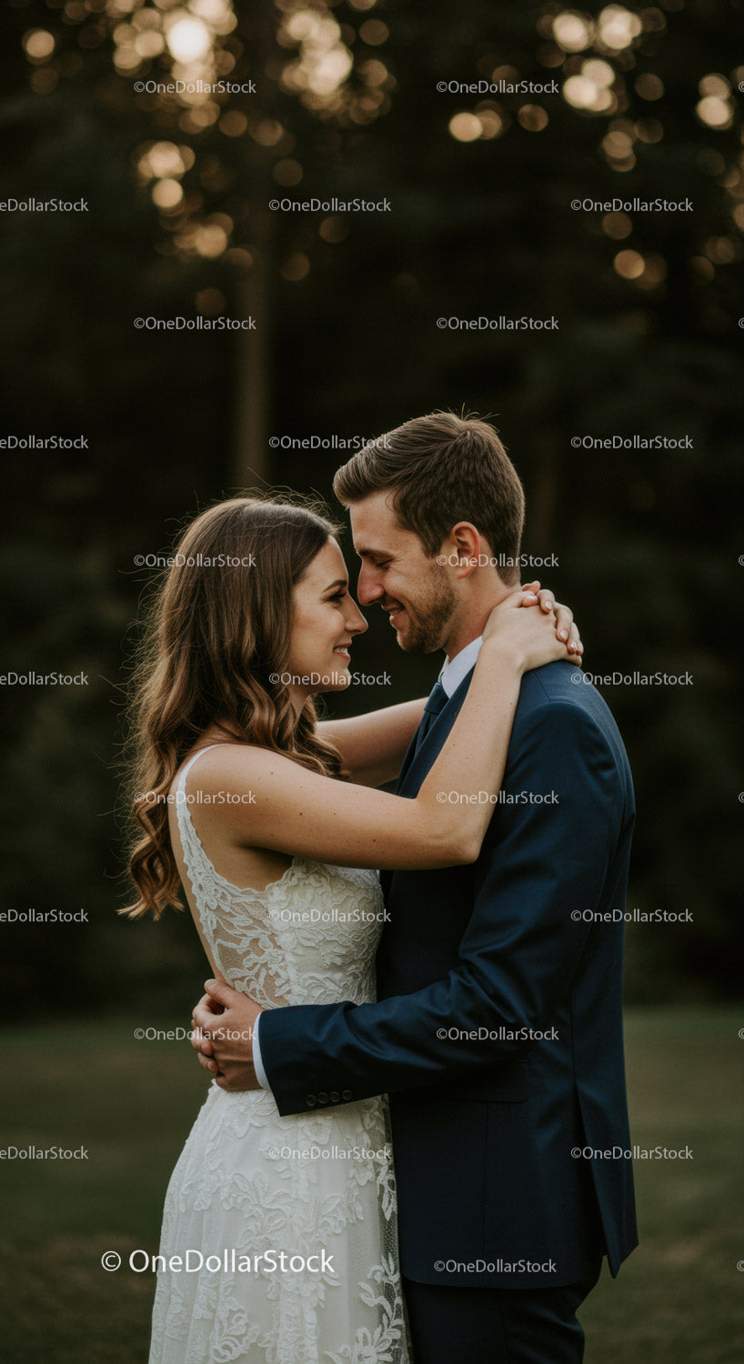 Couple sharing tender moment on their wedding day