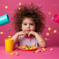 Thoughtful toddler girl with colorful breakfast cereal