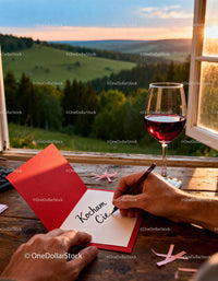 Writing a Romantic Card Near a Scenic Sunset Window
