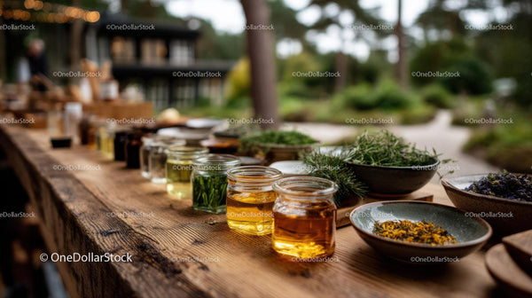 Herbal Oils and Fresh Herbs Displayed on Rustic Wooden Table Outdoors