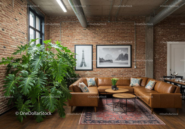 Stylish Modern Living Room with Leather Couch and Large Indoor Plant
