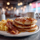 Stack of Fluffy Pancakes with Bacon and Syrup in Cozy Breakfast Setting