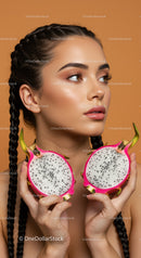 Beautiful Young Woman with Braided Hair Holding Halved Dragon Fruits