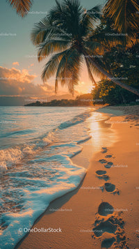 Sunset Over Tropical Beach with Palm Trees and Clear Ocean Water