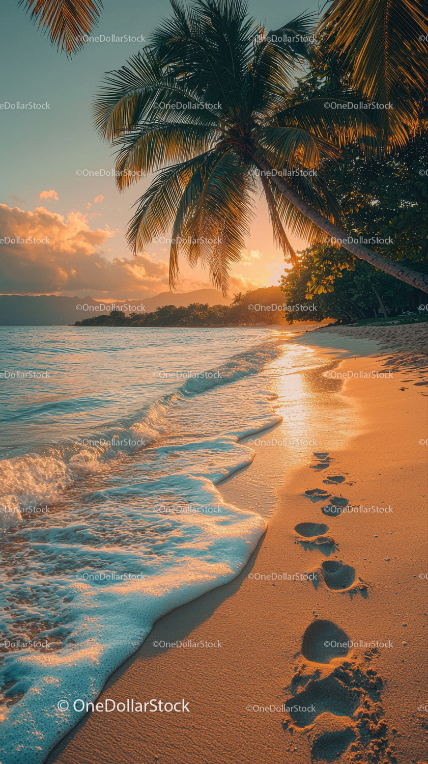 Sunset Over Tropical Beach with Palm Trees and Clear Ocean Water