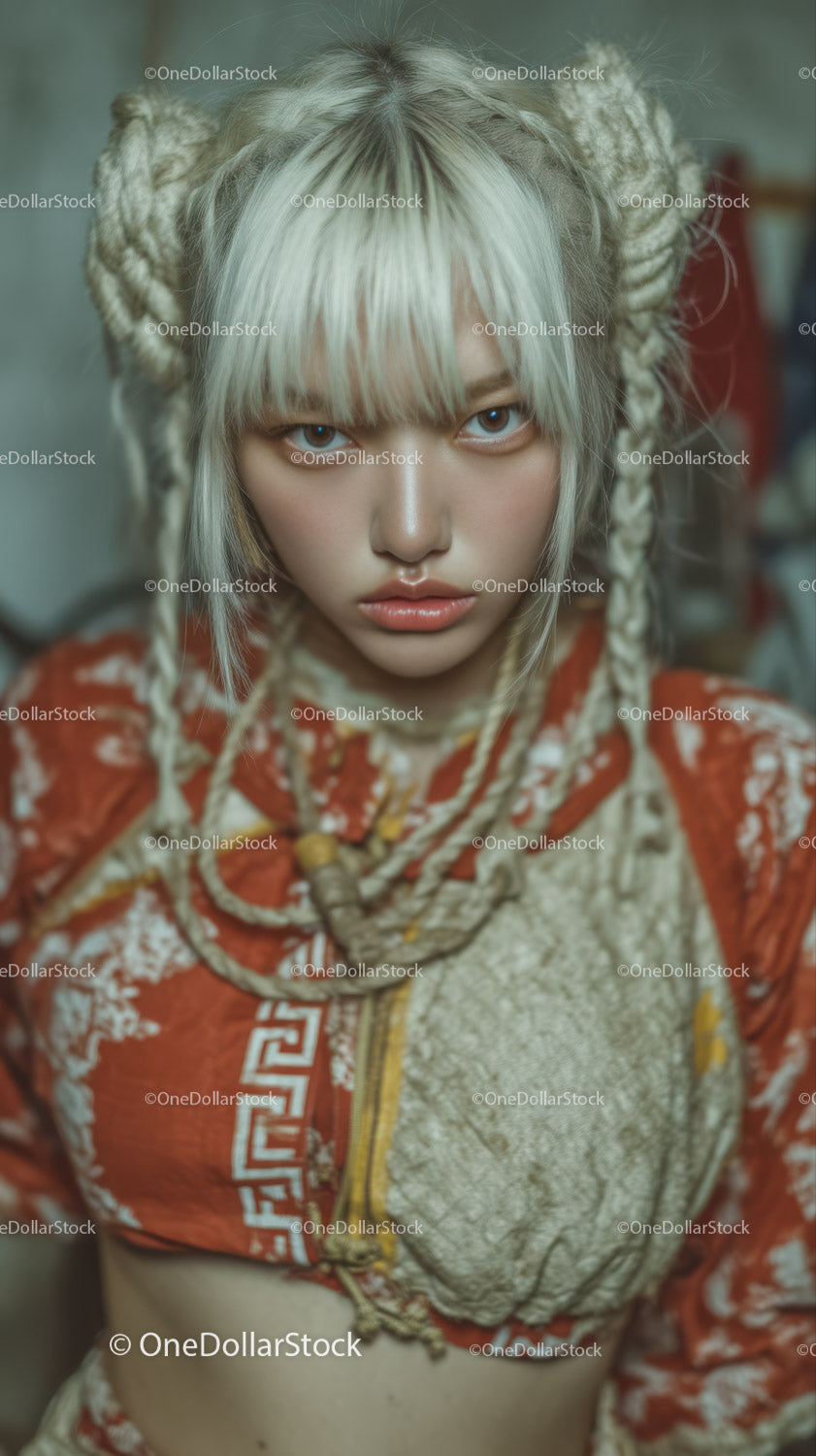 Female Model with Unique Braided Silver Hair in Artistic Fashion Portrait