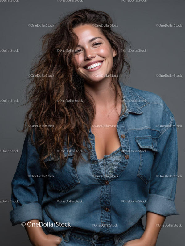 Joyful Woman with Long Wavy Hair Wearing Denim in Studio