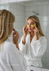 Woman Applying Under Eye Gold Patches During Skincare Routine