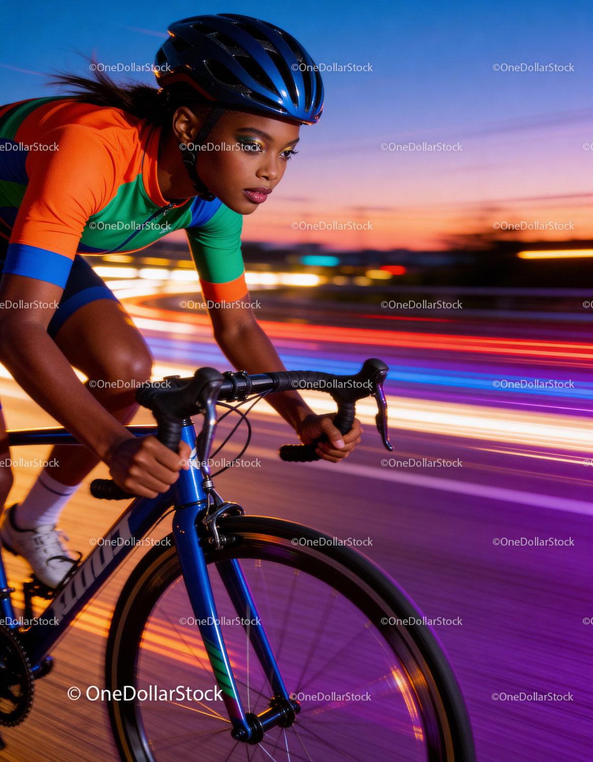 Focused female cyclist racing at sunset in vibrant gear