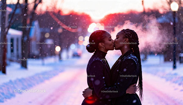 Romantic winter kiss between two women at sunset