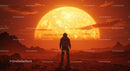 Astronaut Standing on Alien Planet with Large Sun Setting Behind