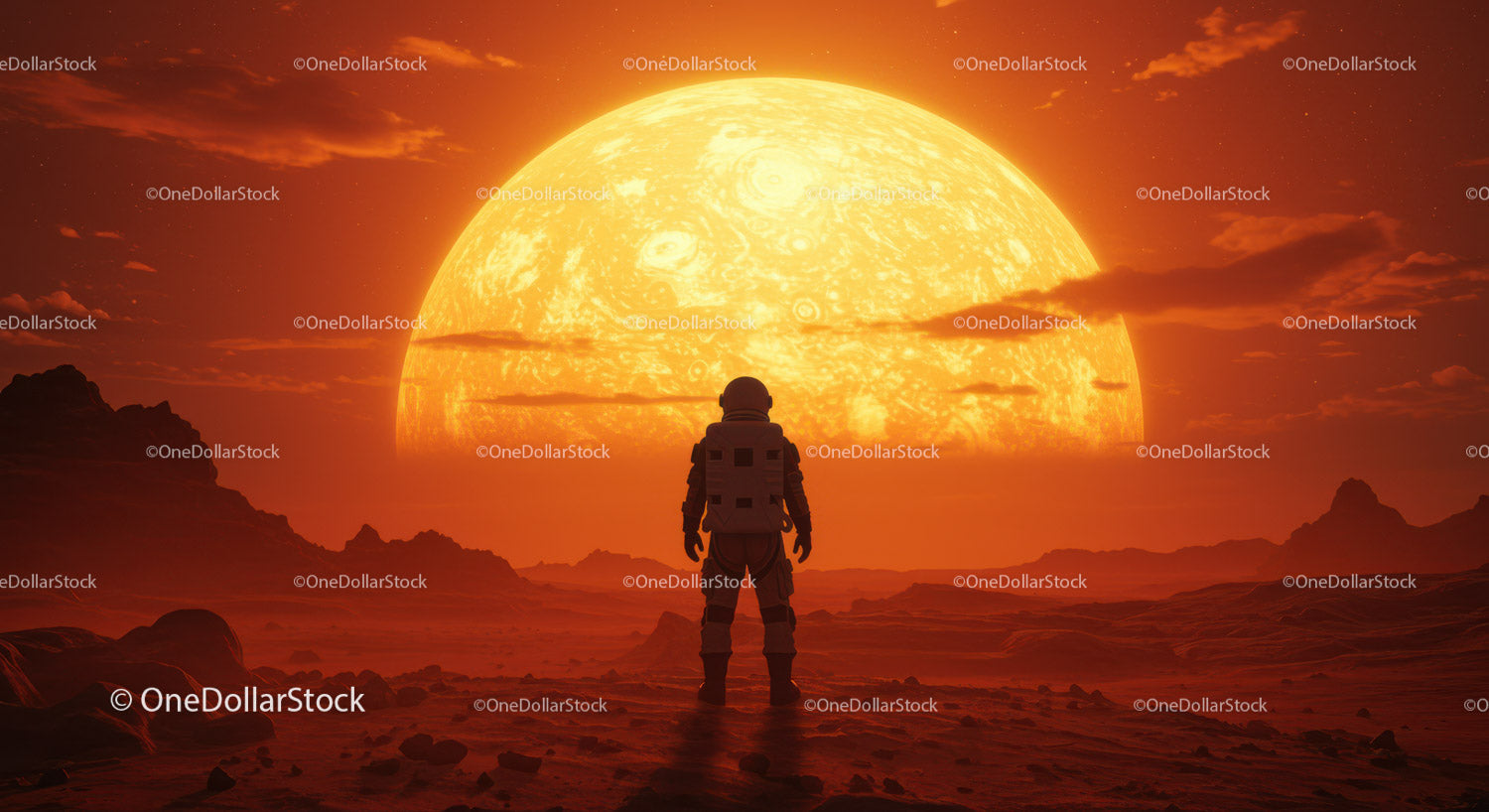 Astronaut Standing on Alien Planet with Large Sun Setting Behind