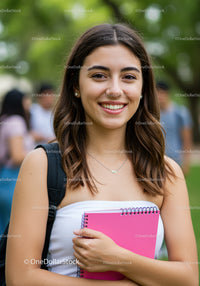 Young Woman Smiling Holding Pink Notebook Outdoors at College Campus