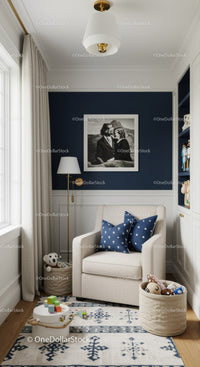 Stylish Modern Nursery Room with Armchair, Cushions, and Toy Storage