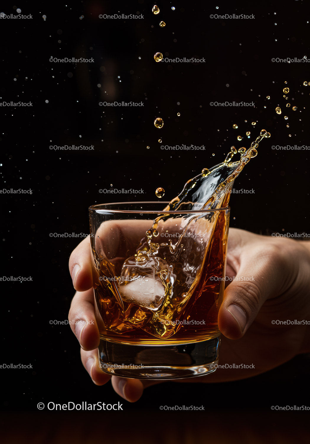 Hand Holding Glass of Whiskey with Splashing Ice Cubes