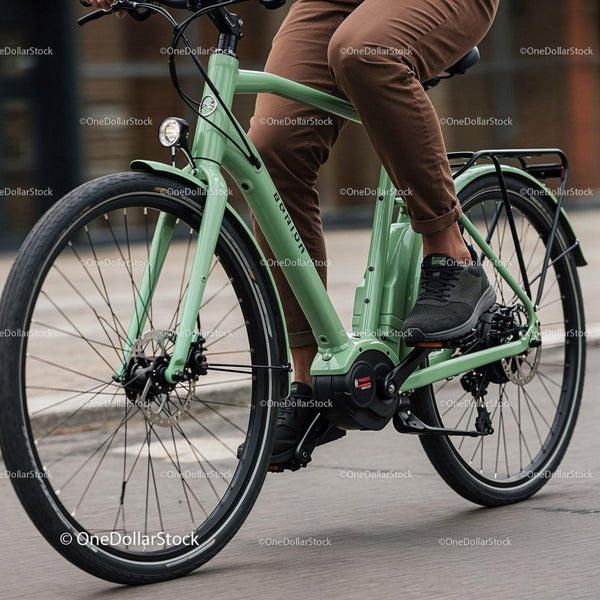 Osoba Jeżdżąca na Zielonym Rowerze Elektrycznym na Miejskiej Ulicy