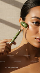 Close-Up of Woman with Jade Roller for Facial Skin Care and Rejuvenation