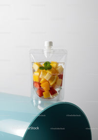 Fresh fruit infused water in clear pouch with mint leaf