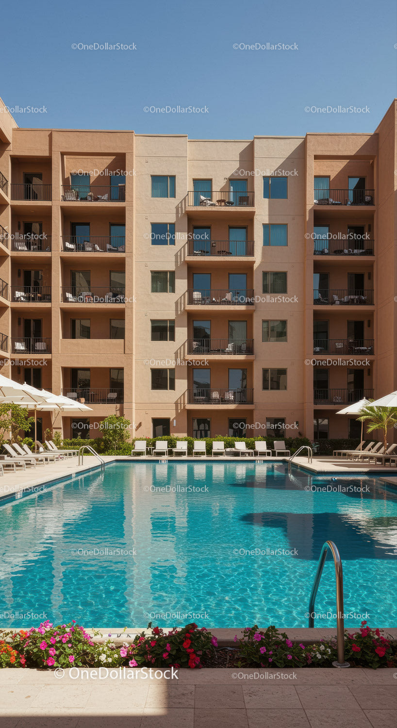 Modern Apartment Building with Poolside Lounge Area and Flower Decorations