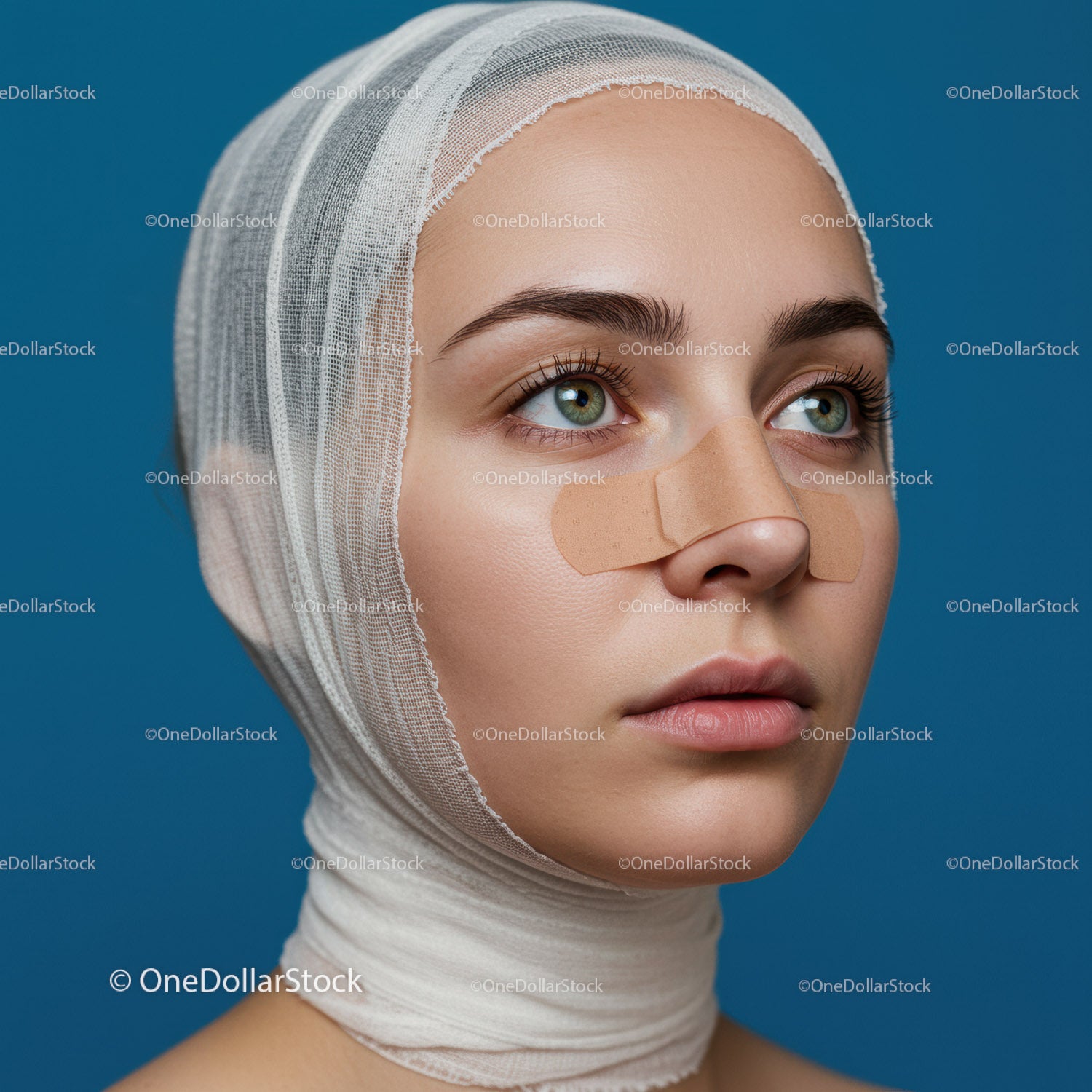 Close-Up of Woman with Facial Bandages and Healing Skin