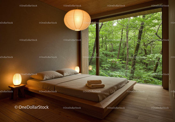 Minimalist bedroom with large window overlooking forest
